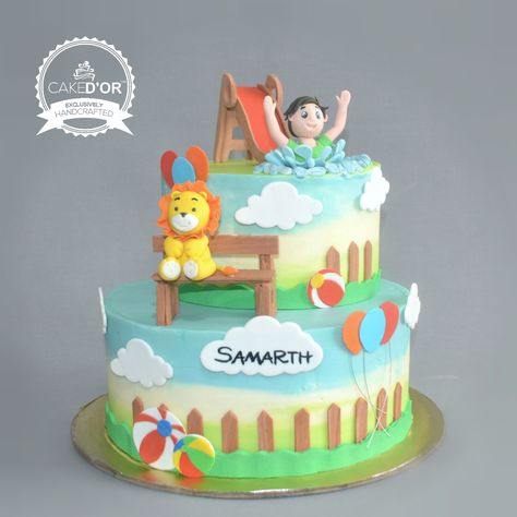 First Birthday cake for boy who likes to play in the park...splash water and his favourite toy is sheru the lion! #punecakes #punebaker #cakedor Water Park Cake, Water Theme Birthday, Birthday Cake For Boy, First Birthday Theme Boy, Cake For Boy, Water Birthday, Park Birthday, Birthday Themes For Boys, First Birthday Cake