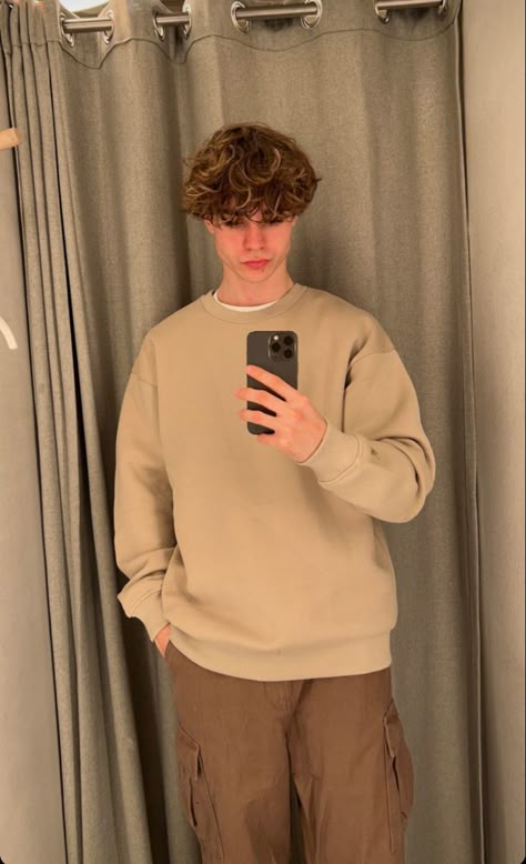 Beige And Brown Outfit Ideas Men, Vanilla Boy Outfits, Beige Sweatshirt Outfit Men, Beige Sweater Outfit Men, Beige Crewneck Outfit, Guy In Sweater, Brown Jeans Outfit Mens, Beige Sweatshirt Outfit, Brown Cargo Pants Outfit Men