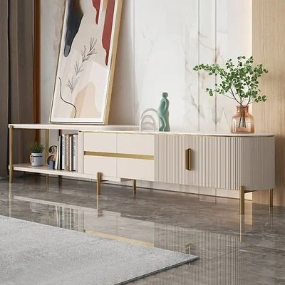 Mytures Off White Oval Retractable Sintered Stone TV Stand Media Console with 4 Drawers Media Units, Modern Tv Units, Tv Entertainment Units, Top Tv, Tv Unit Design, Sintered Stone, Coffee Table White, Mdf Board, Modern Tv