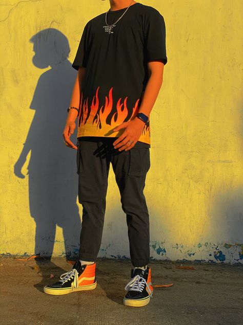 Flame Shirt Outfit Men, Customized Outfits, Otaku Clothes, Blessed Tattoos, Hoodie Outfit Men, Apparel Design Inspiration, Painted Clothes Diy, Shirt Design Inspiration, Fresh Outfits