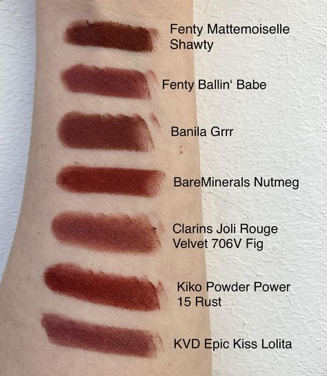 Matte Brown/Red Lipstick Swatches - Light/Medium Warm Olive : r/OliveMUA Brown Red Lipstick, Red Lipstick Swatches, Red Brown Lipstick, Brown Matte Lipstick, Olive Undertones, How To Match Foundation, Brown Lipstick, Matte Lipsticks, Lipstick Swatches