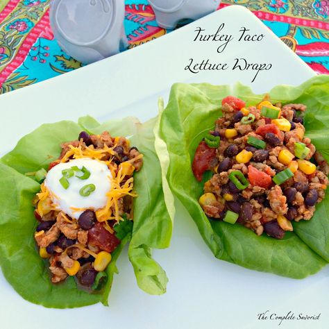 Turkey Taco Lettuce Wraps ~ The Complete Savorist Low Carb Lettuce Wraps, Sweet Potato Green Beans, Turkey Taco Lettuce Wraps, Lettuce Tacos, Taco Lettuce Wraps, Turkey Taco, Pineapple Margarita, Healthy Thanksgiving Recipes, Easy Caramel