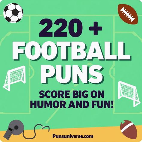 Kick off your laughter with our epic list of 220+ football puns! Whether you're a die-hard fan or just looking to tackle some fun, these hilarious quips are sure to make you howl. Don’t let your humor hit the bench—score big on wit today! 🏈😂 #puns #footballhumor #funny #laughs #sports #comedy #jokes #humor Football Puns, Football Jokes Funny, Snow Puns, Fall Puns, Football Humor, Dog Puns, Football Jokes, Jokes Humor, Love Puns