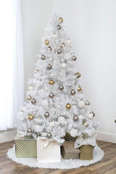 White And Pink Christmas Decor, White Christmas Tree Themes, Christmas Room Decor Aesthetic, Silver Christmas Tree Decorations, Christmas Trees White, White Xmas Tree, Full Christmas Tree, White Artificial Christmas Tree, White Christmas Tree Decorations