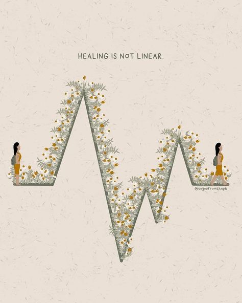 📷 @toyoufromsteph Please remember that healing is not linear. Some days might feel lighter, but others might feel like a huge step backwards, and that's ok. Take it easy, trust the process, you will heal, and you will get better. Image description: In the centre of an illustration with a cream white background is a grey zigzag path covered with light brown, white and grey flowers with a woman standing at the beginning and end of it. The path is flat, then turns steep upwards and downwards to c Healing Is Not Linear, Healing Takes Time, Quote Illustration, Time And Patience, Instagram Quote, Healing Quotes, Self Love Quotes, Pretty Words, Inspire Me