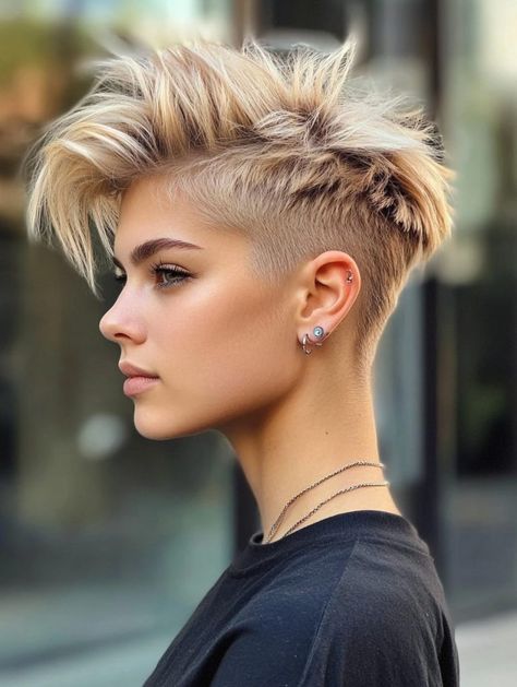 Pixie Mullet Haircut For Women, Curly Mohawk Hairstyles, Mullet Haircuts, Mohawk Hairstyles For Women, Shaved Side, Dark Brunette Hair, Mullet Haircut, Shorter Hair, Mohawk Hairstyles