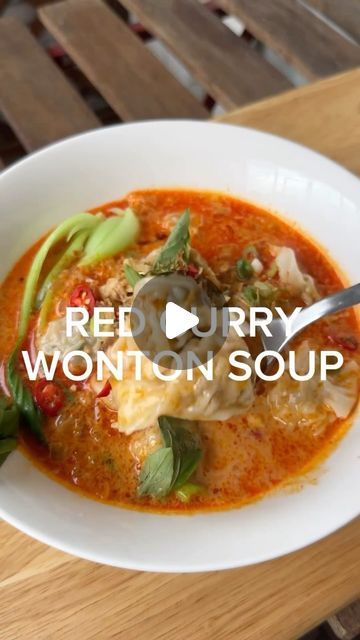 Live Healthy and Fit l Health Fanatics & Food Addicts on Instagram: "🌿 Live Healthy and Fit | Health Fanatics & Food Addicts Follow us for daily tips, recipes, and healthy inspiration! 🥗    RED CURRY WONTON SOUP 🥟🍜 it’s a quick, easy, and delicious way to warm up your weeknight dinners.   - 24 x frozen wontons (or dumplings) - A bunch of Asian greens   Red Curry Soup - 1 tbsp vegetable oil - 1 onion, finely chopped - 1 thumb piece ginger, grated - 2 garlic cloves, minced - 4 tbsp red curry paste (storebought) - 4 cups chicken stock - 1 can coconut milk - 1 1/2 tbsp caster sugar (or to taste) - 1 tbsp fish sauce (or to taste) - Lime juice, to taste  Garnish - Fresh herbs (spring onion, coriander or Thai basil) - Long red chilli, sliced - Fried shallots   To make the red curry soup, heat Thai Wonton Soup Recipe, Red Curry Wonton Soup, Curry Wonton Soup, Curry Wonton, Frozen Wontons, Red Curry Soup, Asian Greens, Wonton Soup Recipe, Red Curry Chicken