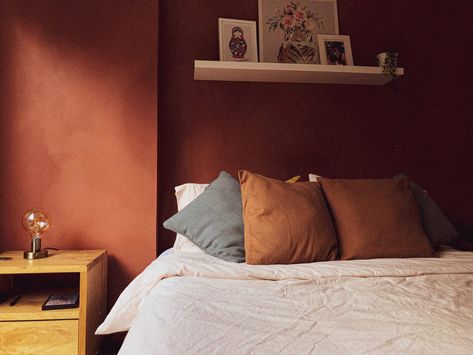 Limewash wall, Zara Home bedclothes, hand made raw wood nightstand, shelve with art and “Centavito” plant. Limewash Orange, Limewash Wall, Burnt Orange Paint, Limewash Walls, Home Wall Painting, Lime Wash, Living Room Red, Golden Leaf, Bedroom Red