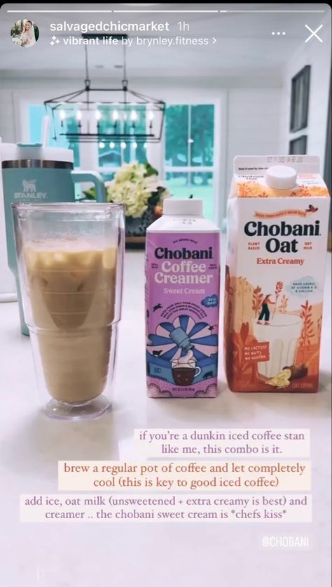 Chobani Coffee Creamer Recipe, Oat Milk Coffee Recipe, Chobani Creamer, Dunkin Orders, Ninja Coffee Bar Recipes, Easy Coffee Drinks Recipes, Cold Coffee Drinks Recipes, Homemade Cafe, Healthy Coffee Creamer