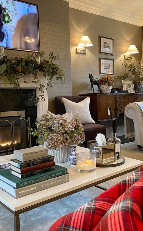 It’s Complicated Home Decor, Weird Entryway Ideas, Nancy Meters Living Room, Antique Cozy Living Room, Ralph Lauren Nancy Meyers, Console Table Next To Fireplace, Prettyinthepines Home, Nancy Meyers Fireplace, Nancy Meyers Coffee Table