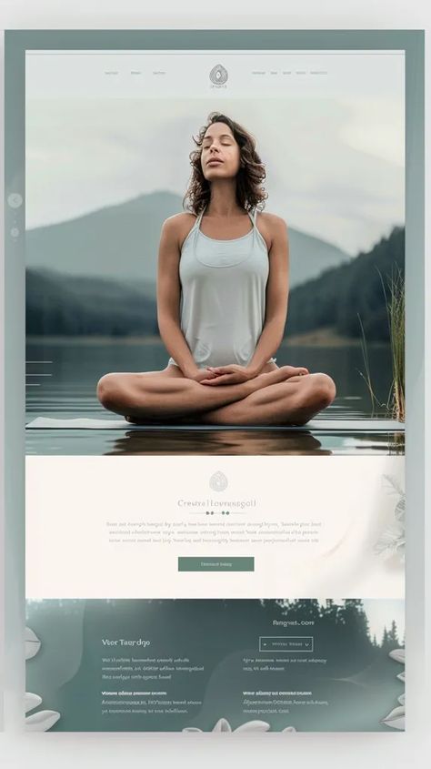 This is a website template for a yoga studio. The template features a large hero image of a woman meditating in a lotus pose on a lake surrounded by mountains ->> more details in ai-img-gen.com Meditation Website Design, Yoga Website, Yoga Template Design, Yoga Websites Design, Yoga Website Inspiration, Yoga Studio Website, Yoga Website Template, Lotus Pose, Yoga Studio