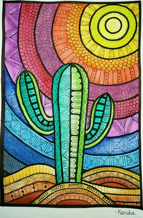 Cactus Zentangle Art, Colorful Sharpie Drawings Ideas, Line Projects For Elementary, How To Draw A Cactus, Art For 5th Grade, Poster Making Ideas, Kids Drawing Ideas, Rainbow Cactus, Doddle Art