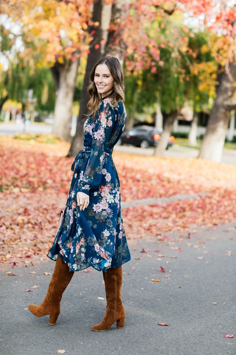 Winter floral dress by Yumi Kim on Alyssa Campanella of The A List Floral Dress Winter, Alyssa Campanella, Floral Dress Outfits, Winter Floral, Winter Dress Outfits, Suede Boots Knee High, Ladies Dresses, 가을 패션, Mode Inspiration