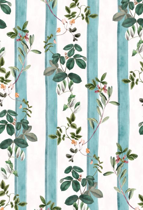 Fiorita meaning flower blossom, inspired by 18th century royal tapestries from Italy. Featuring rich green climbing ivy, exotic leaves, soft pink and orange sweet pea blossoms on a vintage off-white background with botanicals playfully weaving through muted teal stripes. About the WallpaperDesign - Fiorita StripesColour - BluePrint Method - Digital | Paste the wallTextured coated non-woven with a subtle pearlescent finish.Pattern Match - Straight across matchPlace of Manufacturing - UKRoll SizeR Climbing Ivy, Muted Teal, Sweet Pea Flowers, Ivy Leaves, Green Ivy, Stripe Wallpaper, Stripes Wallpaper, Pea Flower, Botanical Illustrations