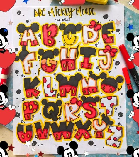 Mickey Mouse Letters, Doodle Art Letters, Disney Letters, Calligraphy Doodles, Disney Alphabet, Lettering Styles Alphabet, Botanical Flowers Print, Paper Art Design, Disney Font