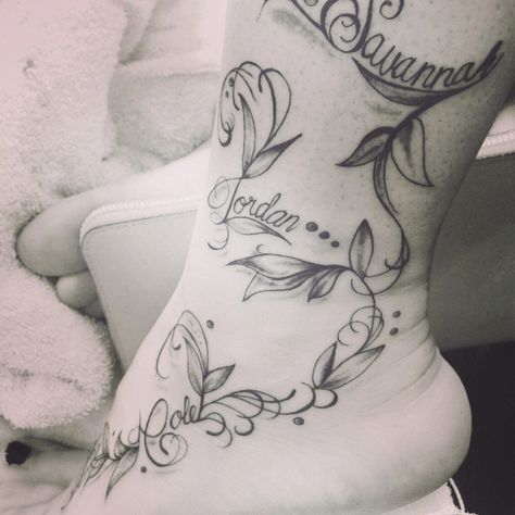 Vine tattoo with kids names #savannah #cole #jordan #bri Tattoos With Multiple Names, Vine With Names Tattoo, Vine Tattoo With Names, Names On Forearm Tattoo, Over The Shoulder Tattoo, Tattoo Kids Names, Kid Name Tattoo Ideas Mothers, Tattoo With Kids Names, The Shoulder Tattoo