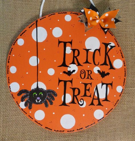 TRICK or TREAT SIGN Halloween Circle Spider Autumn Fall Wall Door Hanger Thanksgiving Wood Crafts, Halloween Plaque, Crafts Thanksgiving, Trick Or Treat Sign, Halloween Wood Signs, Orange Circle, Circle Crafts, Kid Friendly Halloween, Halloween Door Hangers