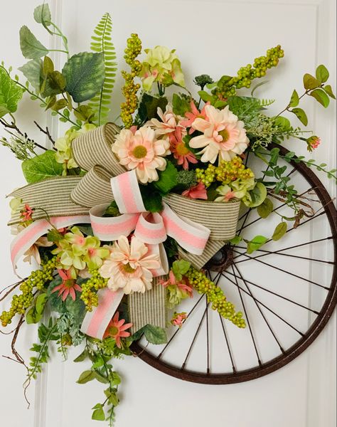 Bicycle Wheel Decor, Bicycle Wreath, Bicycle Wheel Wreath, Wheel Crafts, Wheel Wreath, Sunflower Door Hanger, Fall Deco Mesh Wreath, Barrel Decor, Floral Grapevine