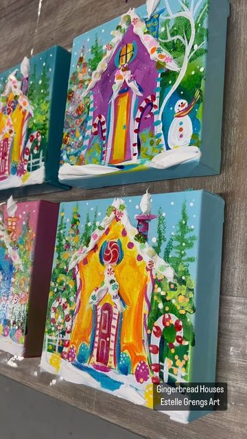 Estelle Grengs Art on Instagram: "So much fun creating these ginger houses! 6x6x1.5 and can sit or hang! DM for purchase Info. #gingerbread #gingerbreadhouses #gingerbreadhouse #christmasdecor #funart #acrylicart #impastopainting #impasto #paletteknifepainting #snow #newenglandlife #newhampshire #sparkle #holidaydecor" Christmas Art Class Ideas, Gingerbread House Paintings, Gingerbread House Art, Whimsical Christmas Art, Gingerbread Art, Xmas Gingerbread, Kids Canvas Painting, Christmas Art Projects, Snow House