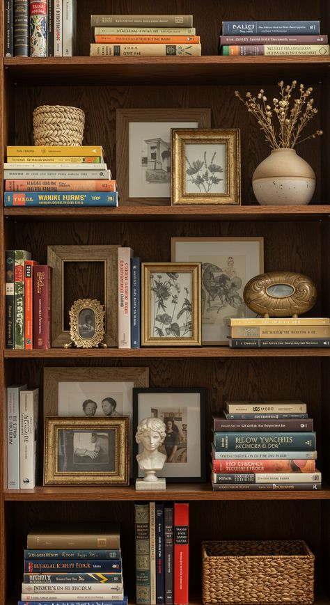 Master the art of bookshelf styling with our guide! Explore tips to create stunning, cohesive displays that elevate your space. Bookshelf With Family Photos, Oak Bookshelf Styling, Vintage Styled Bookshelf, Shelf Decor Inspo Living Room, Styling Deep Bookshelves, Traditional Bookshelf Decor, Bookshelf Styling Lots Of Books, Styling Bookshelves With Books Living Room, Functional Bookcase Styling