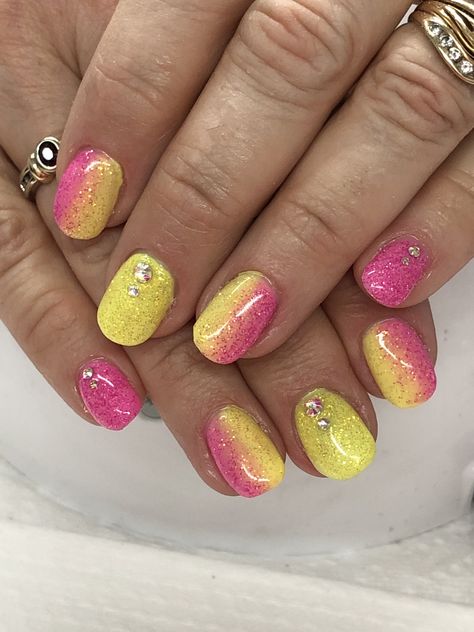 Neon Summer Pink yellow ombré gel nails Neon Yellow And Pink Nails Designs, Pink And Yellow Glitter Nails, Neon Yellow Glitter Nails, Neon Pink And Yellow Nails Art Designs, Neon Pink And Yellow Ombre Nails, Ombre Neon Yellow Nails, Pink Gel Nails Designs, Neon Yellow Ombre Acrylic Nails, Summer Nails Neon