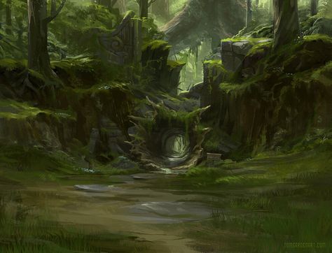 ArtStation - Kikori Forest Entrance, Tom Garden Forest Cave Fantasy Art, Forest Temple Concept Art, Fantasy Forest Art, Minecraft Terraforming, Forest Entrance, Deku Tree, Aquarium Art, Lush Rainforest, Hyrule Castle