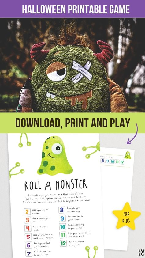 Roll A Monster - The Fun Printable Halloween Party Game for Kids! – Print GoGo Roll A Witch Dice Game, Roll A Monster Free Printable, Halloween Dice Game, Roll A Monster, Scary Names, Halloween Names, Halloween Party Printables, After School Club, Monster Drawing