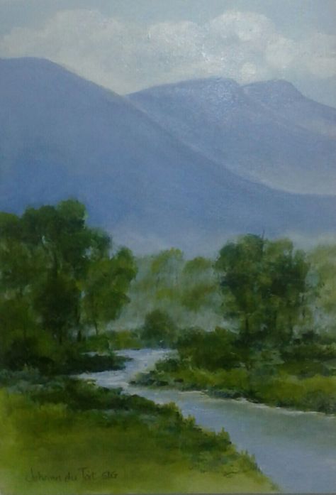 Green Pastures, Green Pastures Still Waters, Watercolour River Painting, Dark Green Landscape Painting, Green Pastures Painting, River Side Painting, Green Impressionist Painting, Green Pasture, Paint And Sip