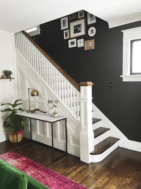 Before/After Living Room Renovation Entryway Stairs, Painted Staircases, White Stairs, Escalier Design, Living Room Renovation, Staircase Makeover, Hallway Designs, Decor Ikea, Best Paint