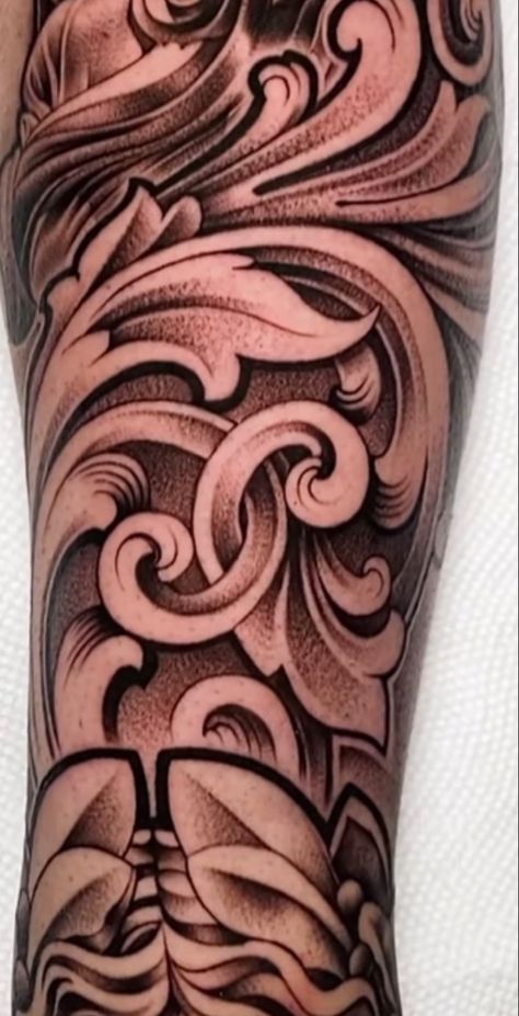 Greek Filigree Tattoo, Leather Flower Tattoo, Greek Filler Tattoo, Fillagry Designs Tattoo, Filagree Design Tattoo, Filigree Tattoo Sleeve, Scrollwork Tattoo, Filligree Tattoos Designs, Background Shading Tattoo Ideas