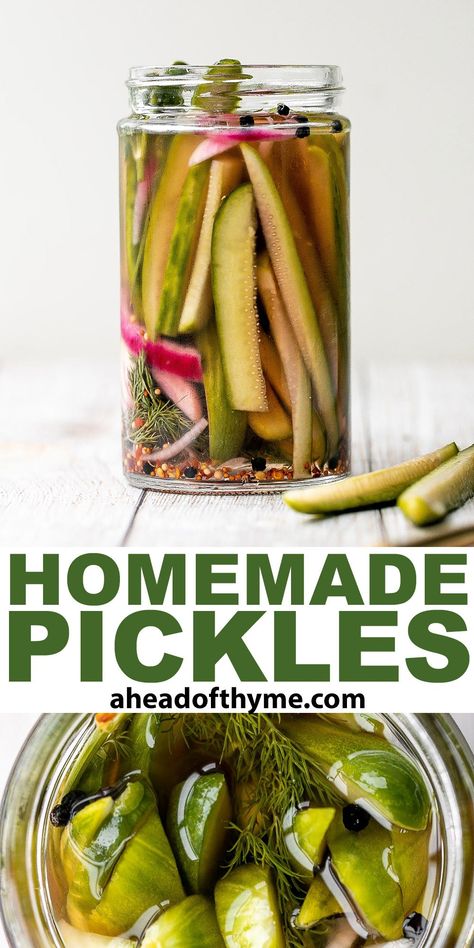 Homemade pickles are easy to make at home in just 5 minutes with no canning required. Plus, they are ready to eat in just 1 to 2 days! Making homemade pickles is easier than you might think, and the best part is that you can adjust the ingredients to make pickles that are perfect for you. Add them to your favorite burgers, sandwiches, salads, or any meal that needs that extra crunch. | aheadofthyme.com #pickles #homemadepickles #howtomakepickles #pickledcucumbers via @aheadofthyme Make Pickles From Cucumbers, Pickles From Cucumbers, Making Dill Pickles, Basic Brine, Strawberry Crunch Cheesecake, Make Pickles, Crunch Cheesecake, Canning Peaches, How To Make Pickles