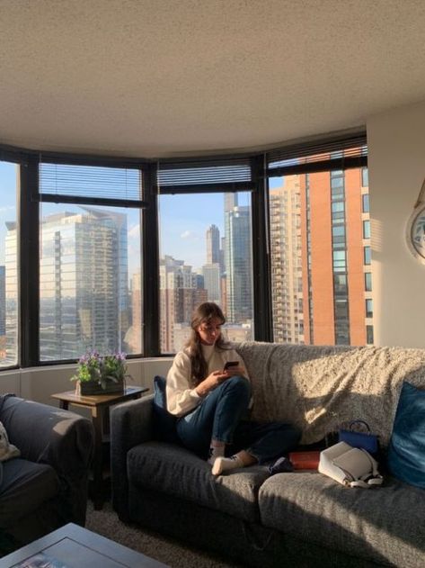 East Village Apartment Aesthetic, Apartment Big Windows, Chicago Apartment Decor, Chicago Apartment Aesthetic, First Home Aesthetic, City Apartment Aesthetic, College Apartment Aesthetic, Retro Apartment Decor, Boujee Apartment