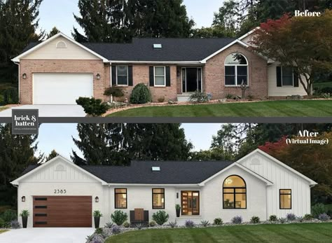 Before and after front of home House Transformation, Exterior House Renovation, Architecture Renovation, Painted Brick House, Ranch House Exterior, House Makeovers, Exterior Home Design, Home Exterior Makeover, Exterior Renovation