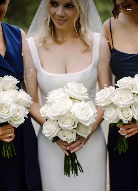 All White Wedding Bouquet Roses, Rose Bouquet Wedding White, All White Rose Bouquet Wedding, All Rose Wedding Bouquet, White Blue Bridesmaid Bouquet, All Roses Bouquet, Roses Only Bouquet, Only Roses Bouquet, Minimalist Rose Bouquet