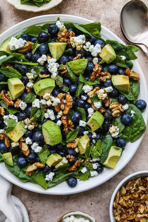 20-Minute Spinach Blueberry Salad | Walder Wellness, RD Colorful Salads Healthy Food, Salads With Avocado Recipes, Fruit Vegetable Salad, Spinach Blueberry Salad, Blueberry Recipes Dinner, Salads With Blueberries, Different Salads Ideas, Healing Salad, Different Salad Ideas