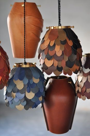 Johanna Vighagen Sten Leather Lighting, Leather Lamp, Leather Scraps, Leather Patchwork, Leather Decor, Leather Art, Diy Lamp, Leather Projects, Leather Furniture