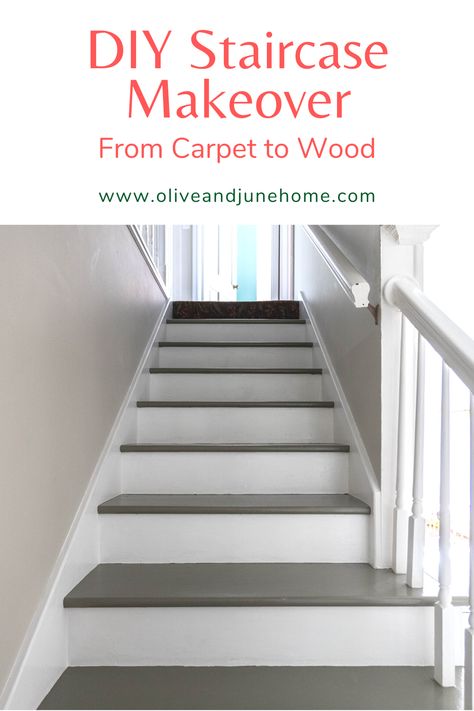 Painting our stairs, part 1 — Olive & June Painting Wooden Stairs, Stairway Makeover, Diy Floors, Diy Stairs Makeover, Diy Staircase Makeover, Stairs Makeover Ideas, Carpeted Stairs, Stairs Renovation, Stair Makeover