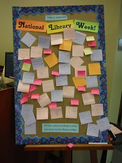 NLW idea- ask ppl to post-it-write why they came to the library - from Library Lalaland National Library Week Display, National Library Week Ideas, Library Week Activities, Library Week Ideas, Passive Programming Library, Passive Programming, National Library Week, Library Humor, Passive Programs