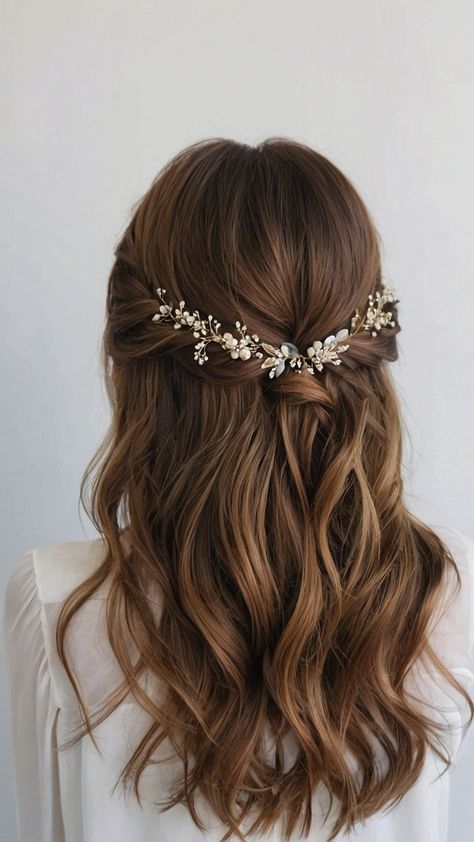 Looking for bridesmaid hairstyles for long hair Discover stunning options like half up Brunette simple loose curls half up half down and more for your wedding day Find easy boho and elegant styles that are perfect for any wedding theme Whether you prefer updos side hairstyles or half up half down braids we have the inspiration you need Curled Bridesmaid Hair Half Up, Boho Wedding Hair Simple, Wedding Hair Half Pulled Back, Wedding Brown Hair Hairstyles, Wedding Hair Plait Half Up, Half Up Half Down Wedding Hair With Accessories, Bridesmaid Hair Fine Hair Half Up, Curl Hairstyles For Long Hair Wedding, Half Pony Tailed Hairstyle Wedding