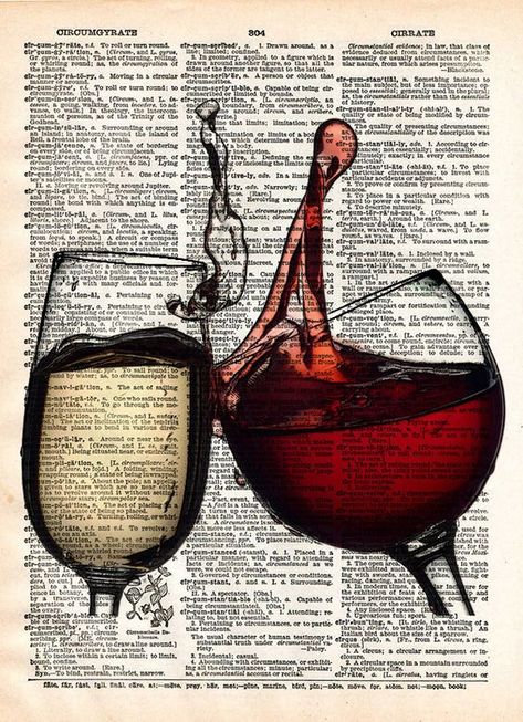 Wine Splash, Art Du Vin, Gifts For Wine Drinkers, Art Pouring, Pouring Wine, Newspaper Art, Book Page Art, Wine Glass Art, Dictionary Art Print