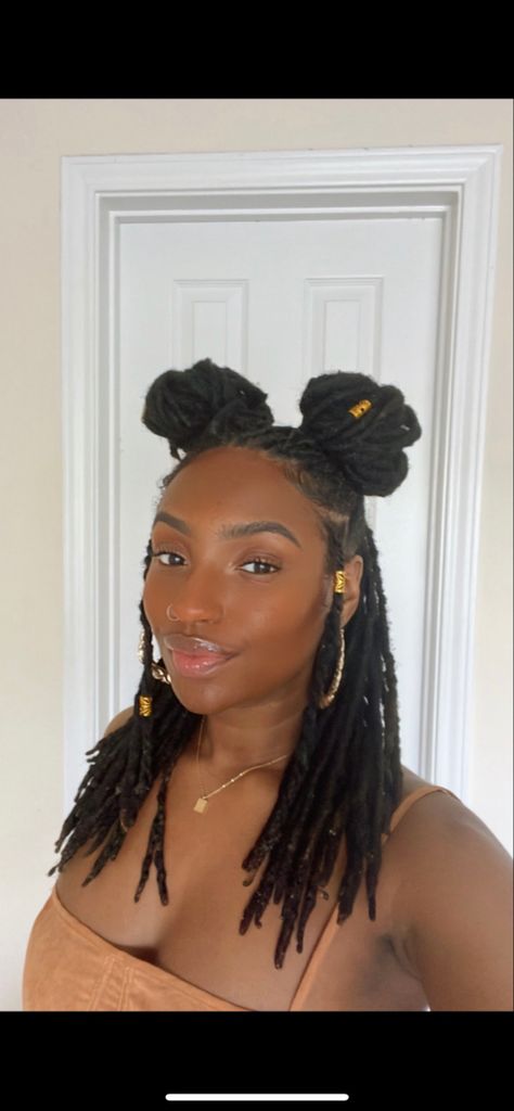 Space Buns On Locs, 2 Bun Loc Style, Space Bun Locs, Space Buns With Locs, Space Buns Loc Style, Pigtail Loc Styles, Space Buns Locs, Loc Space Buns, Loc Styles Black Women