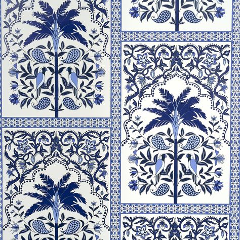 Schumacher Amazonas Mystique Tropical Shades Of Blue Wallpapers, 5016941, from Johanna Ortiz collection. Geometrical Motifs, Tropical Prints Pattern, Ikat Art, Schumacher Wallpaper, Painting Antique Furniture, Deck Colors, The Joy Of Painting, Borders Design, Tropical Wallpaper