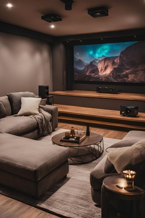 Small theater room decorated with cozy seating, DIY screen, and ambient lighting for a movie experience Mid Century Modern Theater Room, Movie Theater Loft Ideas, Farmhouse Home Theater, Comfy Movie Room Ideas, Minimalist Home Theater, Modern Theatre Room, Theater Basement Ideas, Cozy Theater Room, Small Home Cinema Room Ideas