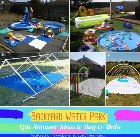 Creative Backyard Water Park Ideas Diy Water Activities Backyards, Backyard Water Activities For Kids, Diy Home Water Park, Splash Party Ideas Water Games, Birthday Party Water Activities, Backyard Waterpark Diy, At Home Water Birthday Party, Backyard Water Slide Party, Diy Backyard Water Play