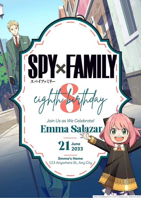 Download Now 14+ Spy X Family Canva Birthday Invitation Templates Calling all secret agents and undercover operatives! Get ready for an unforgettable mission as we celebrate a special birthday with a Spy X Family-themed extravaganza! The world of espionage and adven... Spy Family Birthday Party, Spy X Family Birthday Theme, Spy X Family Birthday, Spy Training, Spy Kit, Train Activities, Mini Cakes Birthday, Free Printable Birthday Invitations, Family Parties