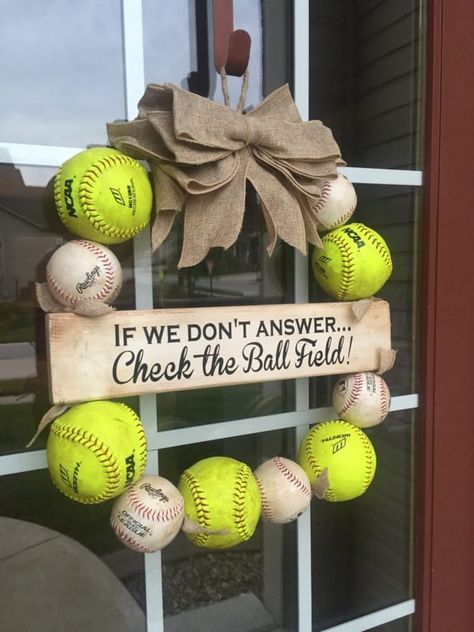 Softball Wreath, Softball Room, Baseball Wreath, Softball Party, Softball Crafts, Baseball Wreaths, Sports Storage, Baseball Crafts, Baseball Decor