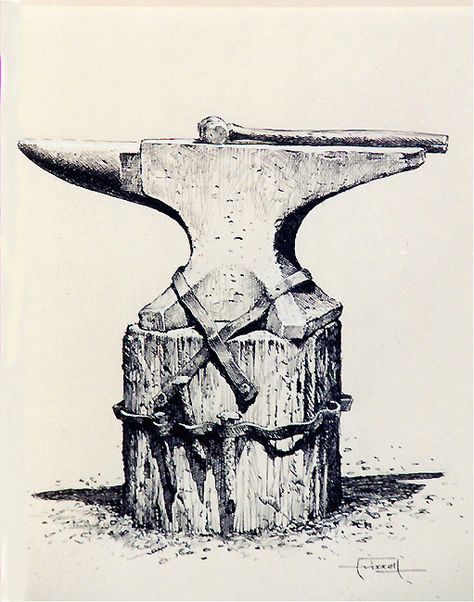 Anvil_hammer_frizzell_drawing Hammer Drawing, Hammer Tattoo, Anvils, Blacksmith Tools, Blacksmith Projects, La Forge, Desenho Tattoo, Old Tools, Old Style