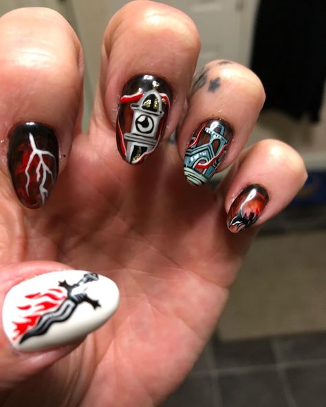 Hand painted nails by Danica ❤️ Stranger Things Nails Designs, Stranger Things Eddie, Hand Painted Nails, Painted Nails, Pretty Gel Nails, Stranger Things Aesthetic, Nail Fashion, Eye Art, Nails Designs