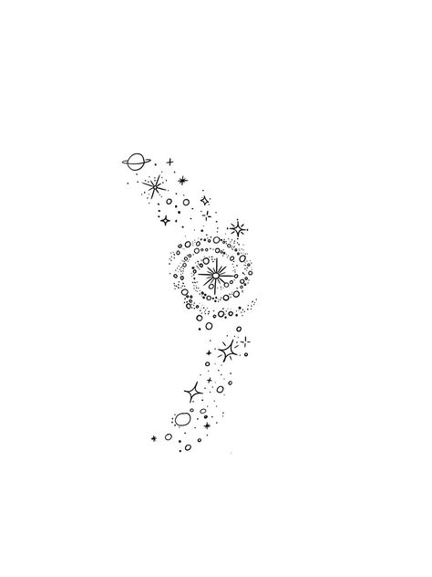 Mini Celestial Tattoos, Vertical Celestial Tattoo, Wrap Around Space Tattoo, Space Aesthetic Tattoos, Consolation Tattoos, Space Tattoo Drawing, Galaxy Tattoo Stencil, Simple Celestial Tattoo, Drawing Ideas Stars