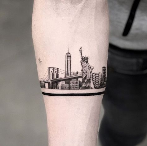 Bang Bang Tattoo on Instagram: “🏙🗽 @j.shin.nyc” Nyc Tattoo Sleeve, Ny Skyline Tattoo, Nyc Tattoo Ideas, Nyc Skyline Tattoo, Statue Of Liberty Tattoo, Are Tattoos, Liberty Tattoo, Skyline Tattoo, New York Tattoo